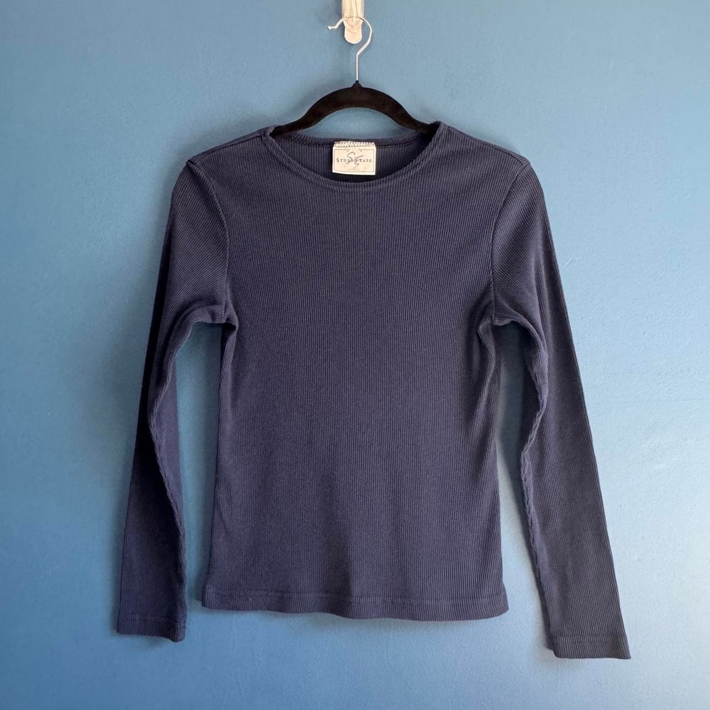 Vintage Ribbed Long Sleeve Top Women's Size Small Navy Blue Studio Ease Cottage